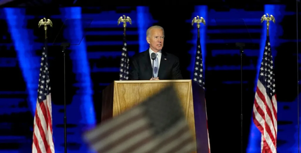 President-elect Joe Biden speaks, Saturday, Nov. 7, 2020, in Wilmington, Del. (AP Photo/Andrew Harnik, Pool)