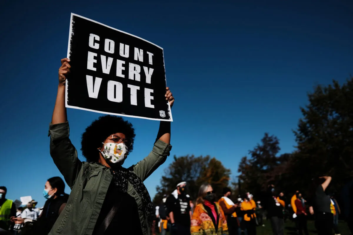 People participate in a protest in support of counting all votes as the election in Pennsylvania is still unresolved on November 04, 2020 in Philadelphia, Pennsylvania. (Photo by Spencer Platt/Getty Images)
