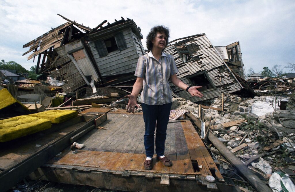 The aftermath of a deadly tornado in Albion, Pennsylvania in 1985.