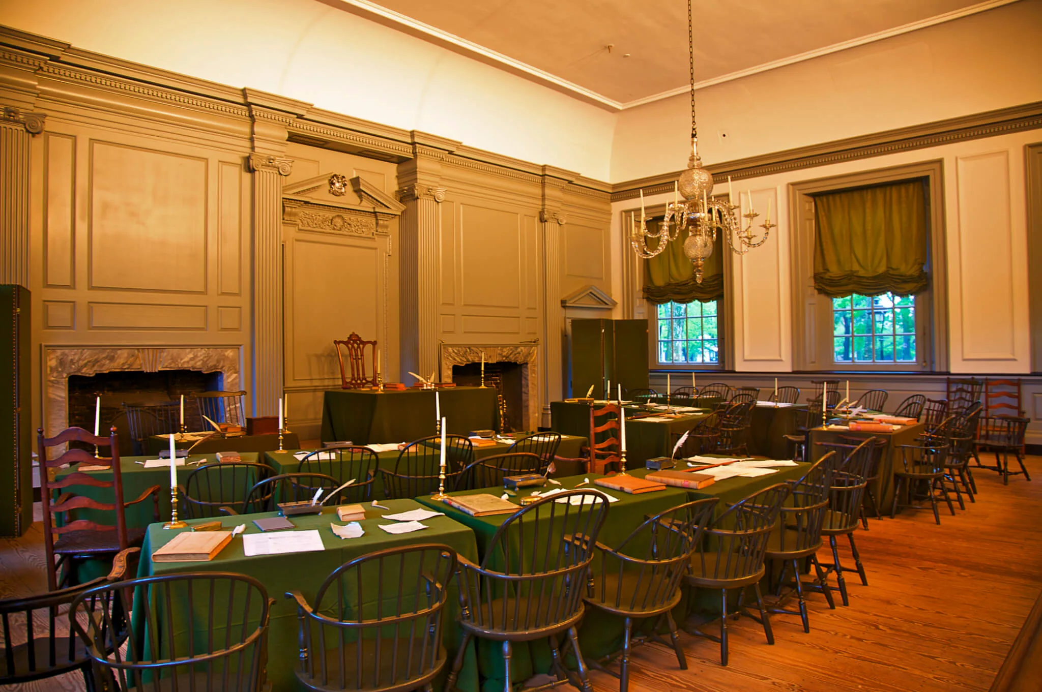Assembly Room of Pennsylvania State House, now called Independence Hall, where Declaration of Independence and Constitution were created, Independence National Historical Park, Philadelphia, Pennsylvania Assembly Room of Pennsylvania State House, now called Independence Hall, where Declaration of Independence and Constitution were created, Independence National Historical Park, Philadelphia, Pennsylvania
