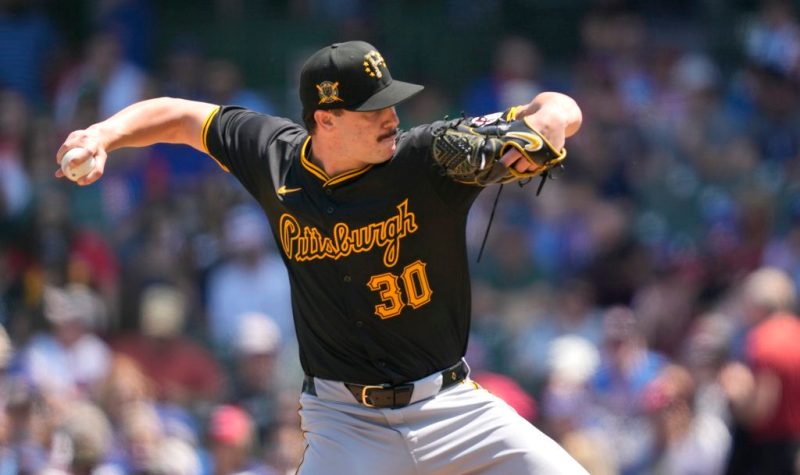 Pittsburgh Pirates starting pitcher Paul Skenes delivers during the first inning of a baseball game against the Chicago Cubs.