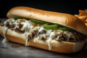 A juicy cheesesteak sandwich.