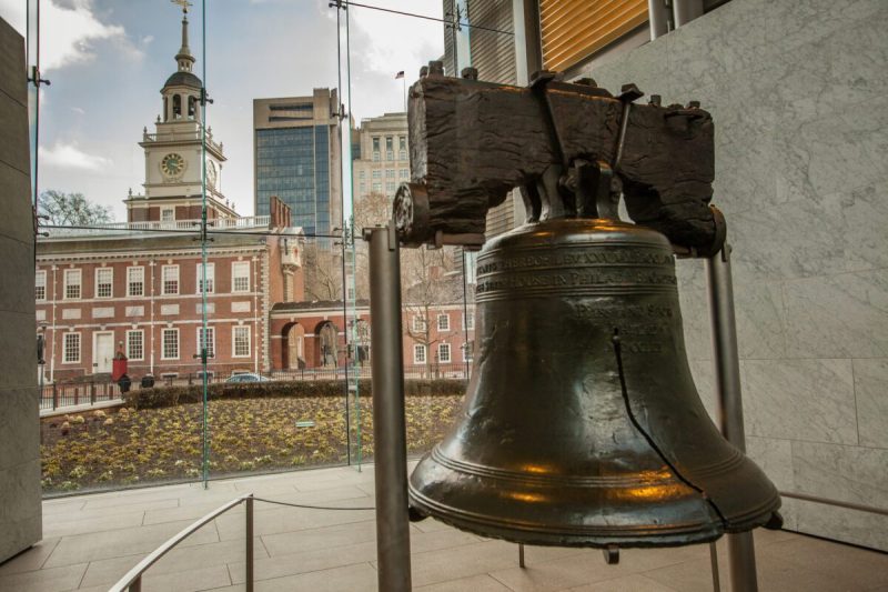 The Liberty Bell and Independence Hall in the back ground at at Philadelphia's Independence National Historic Site.
