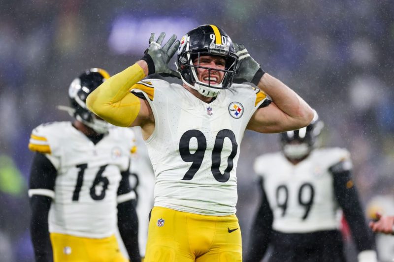 T.J. Watt #90 of the Pittsburgh Steelers reacts after a sack in the third quarter of a game against the Baltimore Ravens at M&T Bank Stadium on January 06, 2024 in Baltimore, Maryland.