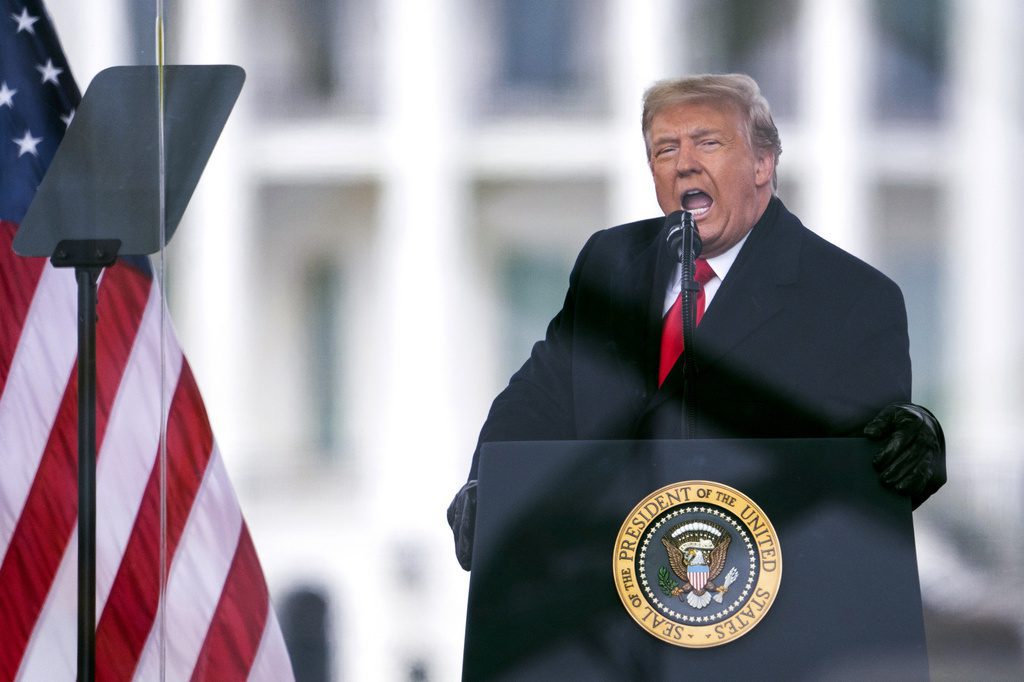 President Donald Trump speaks during a rally protesting the Electoral College certification of Joe Biden's win in the 2020 presidential race, in Washington, Jan. 6, 2021. (AP Photo/Evan Vucci, File)