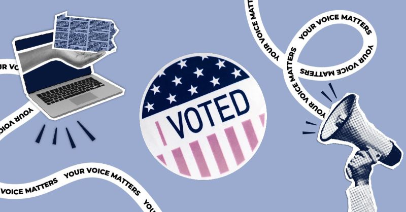 I Voted sticker on branded elections background.