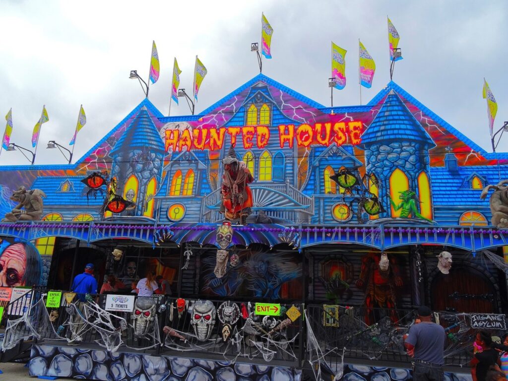 Exterior shot of vibrantly decorated Haunted House.