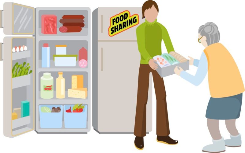 Cartoon character drawings offering food to each other in front of a community fridge.