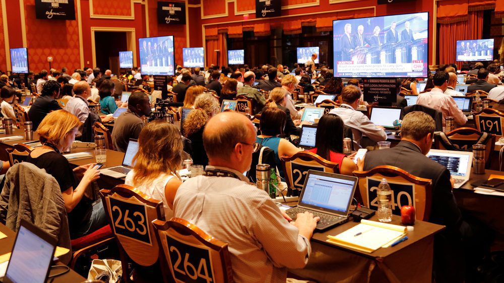 Las,Vegas,,Nv,-,October,13:,Democratic,Presidential,Debate,Press Democratic presidential debate press filing room where media filing news stories for 2016 Presidential Election, Wynn, Las Vegas, NV.