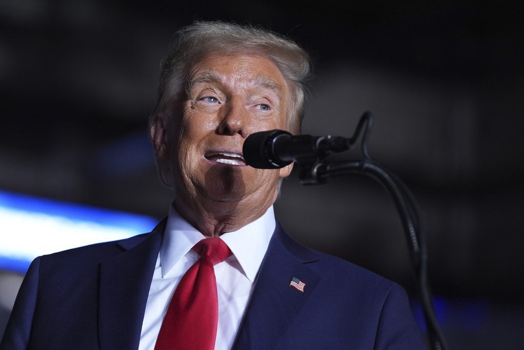 Republican presidential nominee former President Donald Trump speaks during a campaign rally at Santander Arena, Monday, Nov. 4, 2024, in Reading, Pa. (AP Photo/Evan Vucci)