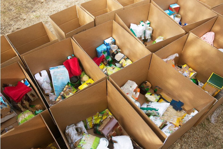 Boxes of donated items.