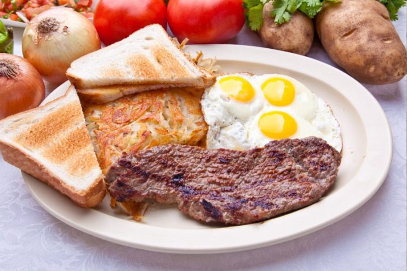 Steak and eggs with toast