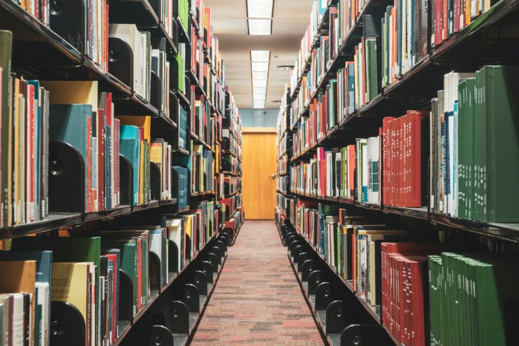 Rows of library books.