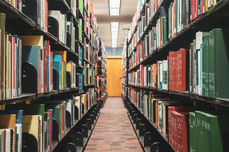 Rows of library books.