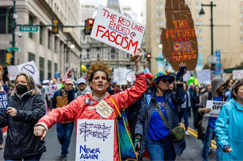 Thousands of Philadelphia area residents protested President Donald Trump and Elon Musk as part of a national day of action on Saturday, April 5, 2025. (Photo: Sean Kitchen)