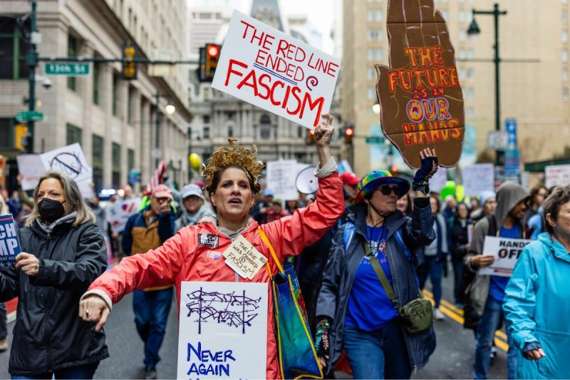 Thousands of Philadelphia area residents protested President Donald Trump and Elon Musk as part of a national day of action on Saturday, April 5, 2025. (Photo: Sean Kitchen)