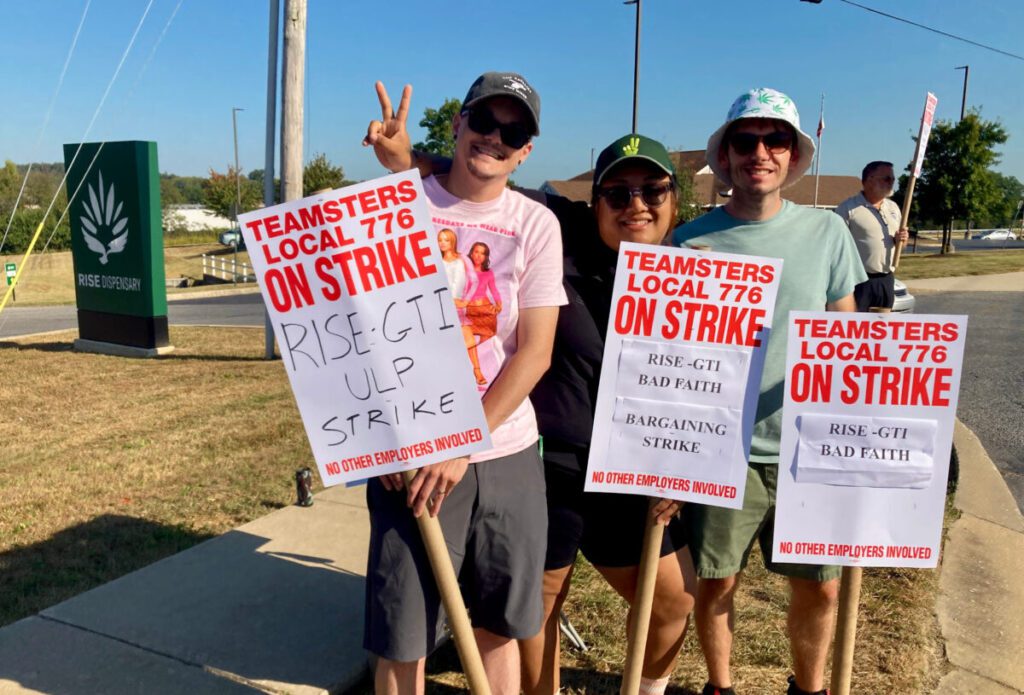 River Mease, Lex Trowbirdge and Austin Haberstroh, who describe themselves as "bud tenders" at the Rise medical marijuana dispensary on White Street in West Manchester Township, went on strike Labor Day 2025 seeking higher wages. (Photo: Scott Fisher)