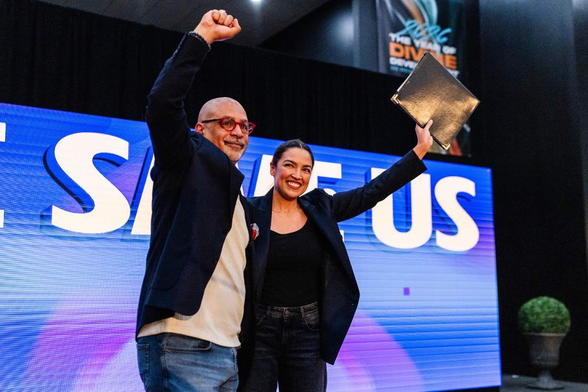 State Rep. Chris Rabb and US Rep. Alexandria Ocasio-Cortez (D-NY) at a campaign rally in Philadelphia on May 15, 2026.