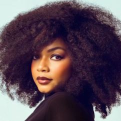 close up photo of a woman with a long afro